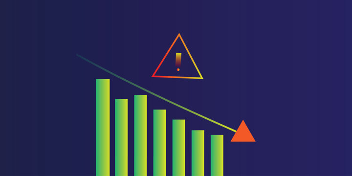 Financial warning and market decline chart with falling bars and downtrend line, risk alert triangle icon, business loss analytics background template