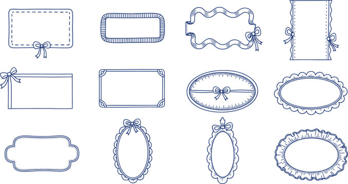 Collection of elegant hand drawn blue border frames with decorative ribbons and bows for greeting cards and invitations vector illustration