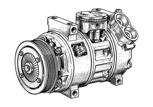 Detailed illustration of a car air conditioning compressor with pulley and piston