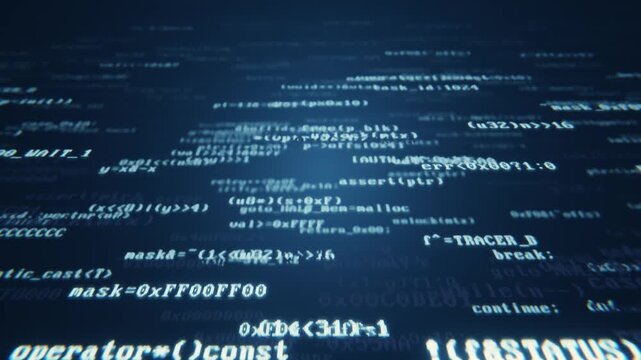 Seamlessly looped animation of programming source code moving on a digital screen, close up view