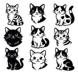 Obraz premium Cute cartoon line art cat set featuring adorable kittens in various poses and fur patterns for children's designs