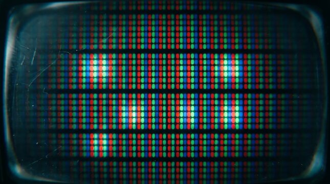 Extreme macro of a single CRT screen phosphor RGB pixel triplet array, Timeless Memory Film Collection 2026