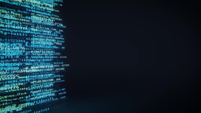 Seamless loop of glowing source code text scrolling on a dark digital background