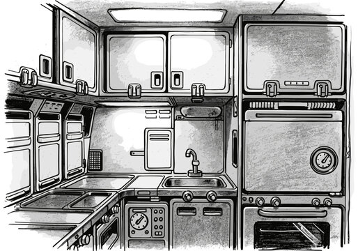 Futuristic spaceship galley with integrated appliances and storage compartments