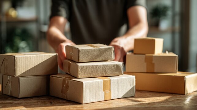 Packaging parcels: The hands of a worker carefully arrange and organize various parcels, ready to be sent, signifying efficiency and logistics.