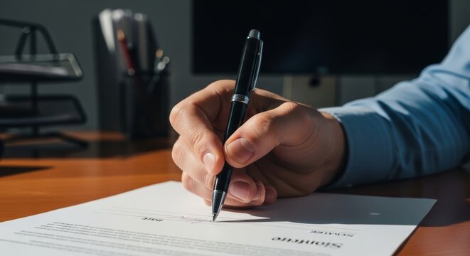 Close up of a hand signing a document with a pen