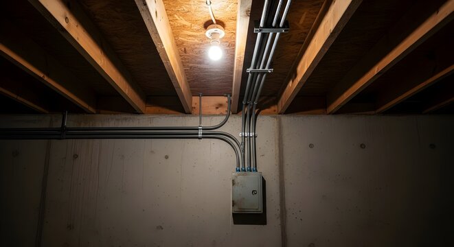 Industrial electrical installation in an unfinished basement featuring a breaker box, metal conduit pipes, and exposed wooden beams overhead