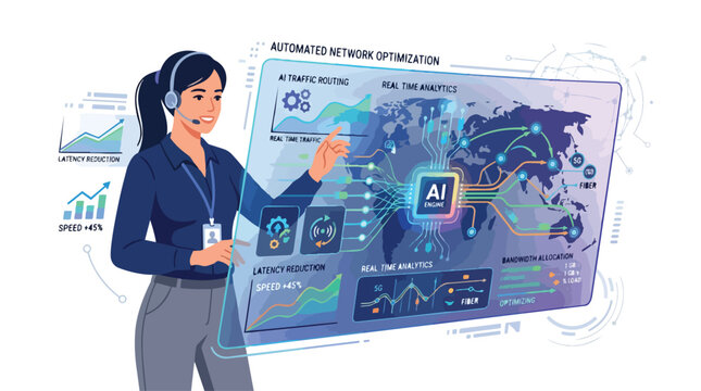 Automated Network Optimization with AI Engine Illustration Featuring Telecom Worker and Global Data Connections