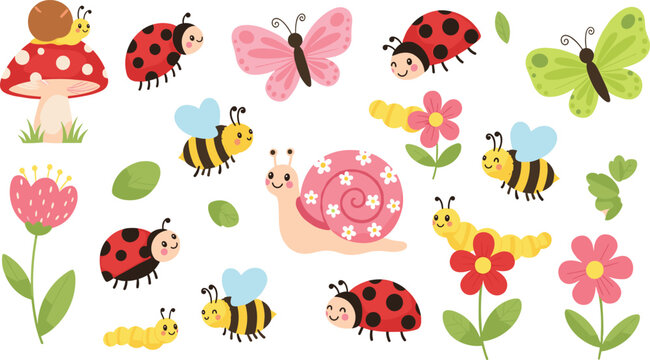 Cute Garden Insect and Flower Vector Set Featuring Ladybugs Bees Butterflies Snail and Mushrooms in Cartoon Style for Kids Design and Spring Illustration.