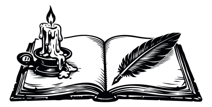Vintage hand drawn illustration of an open book depicting a burning candle and a quill pen for study and literature