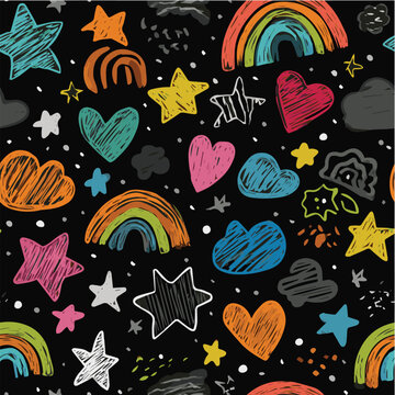 Kids doodle seamless pattern, playful hand drawn shapes