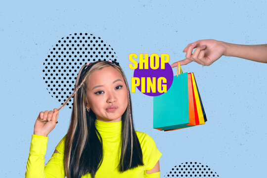 Art image creative photo collage of happy girl guy hold ereader laptop black friday shopping hand offer bags sale consumerism