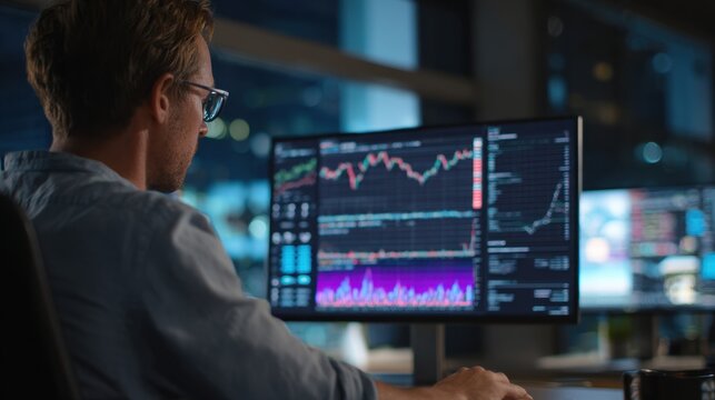 Analyzing Stock Market Data: A focused individual analyzes intricate financial data, illuminated by the glow of computer screens, navigating the complexities of the stock market.
