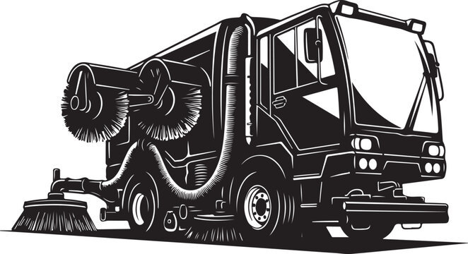 Street Sweeper Truck, Vector Illustration, Black and White, Road Cleaning Vehicle, Urban Maintenance