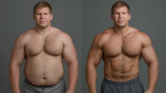 Impressive male body transformation showing weight loss and muscle gain against a gray background