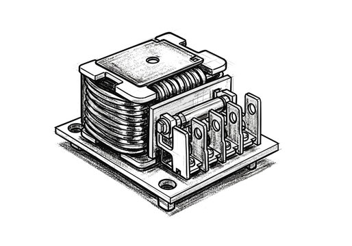 Detailed isometric illustration of an electrical relay with multiple terminals and coil