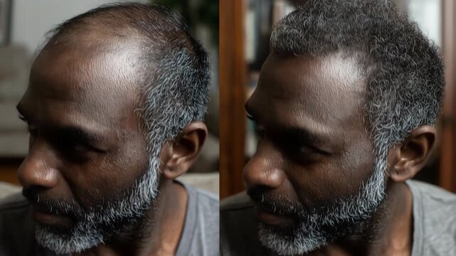 Before and after comparison of an african american man's hair regrowth and alopecia treatment