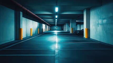 Obraz premium Empty underground parking garage structure with fluorescent neon lights shining on the paved floor and a car parked in the distance, creating an eerie, mysterious, and solitary ambiance