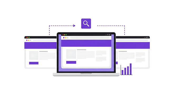 A graphic design of a laptop displaying a webpage with a search icon and bar charts on the side, surrounded by website wireframes.