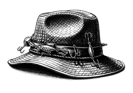 Angler's hat adorned with fishing lures and hooks, ready for adventure