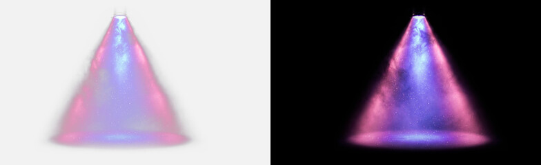 Naklejka premium Purple pink blue spotlight cone isolated on transparent background, colorful stage light beam with smoke fog particles, concert disco nightclub illumination effect overlay PNG