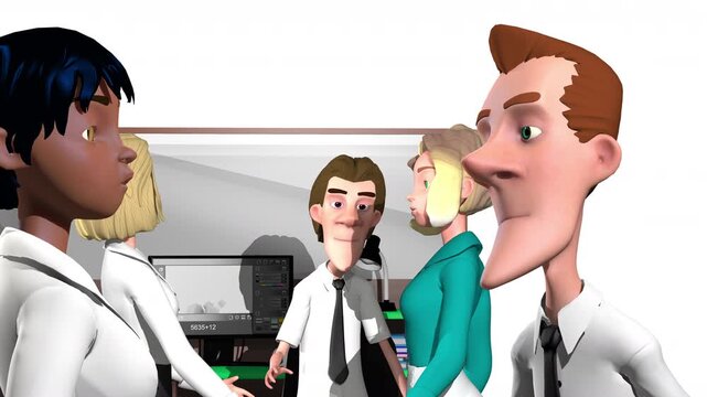3d animation, two cartoons characters speaking on office during two anothers cartoon characters speaking near a desktop with a computer