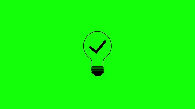 lightbulb icon with check mark against bright green background demonstrating approval and ideas. Bulb with tick mark shows approved idea. Bulb with tick mark symbolizes confirmed solution.