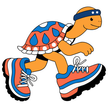 Cartoon turtle wearing a blue headband and orange sneakers runs energetically, depicting a slow but steady pace toward a goal on a white background.
