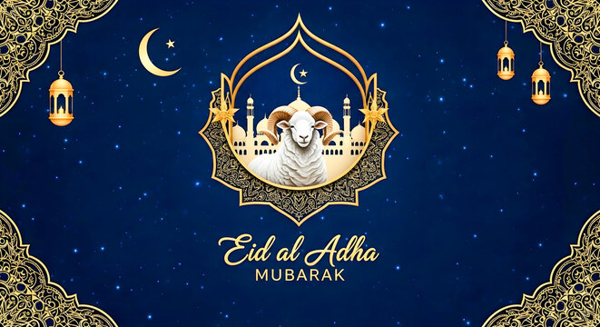 Majestic ram displayed within a golden ornate frame featuring a traditional mosque silhouette and festive elements to commemorate the sacred Islamic celebration of Eid al Adha during a starry night re