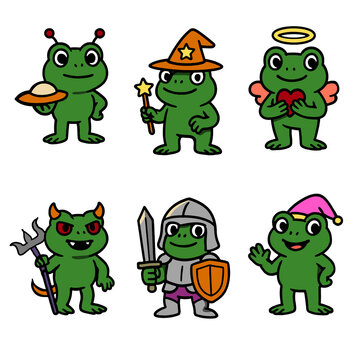 Cute Cartoon Frog Fantasy Set, Funny Green Frog Characters Alien Wizard Angel Devil Knight Christmas Vector Illustration
