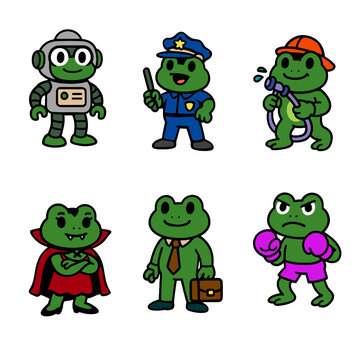 Cute Cartoon Frog Profession Set, Funny Green Frog Characters Robot Police Firefighter Vampire Businessman Boxer Vector Illustration