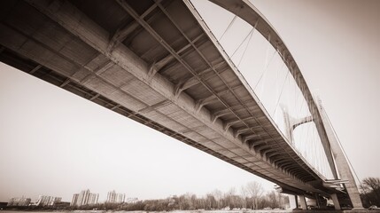 Naklejka premium Concrete steel arch bridge infrastructure over urban river