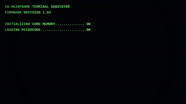 Cold War era 1980s green phosphor mainframe terminal initializing core memory and encountering a tape drive error