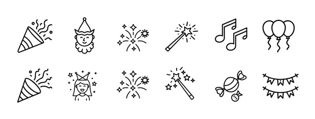 Celebration line icons set party popper clown fireworks magic wand musical notes balloons candy bunting & more vector illustration with editable stroke. © Purnorup Dream IT 