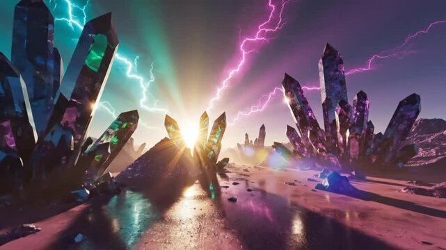 Epic purple crystal landscape with vibrant lightning bolts, glowing sun, and serene reflections on wet surface, beautiful