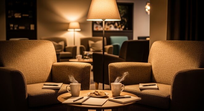 Cozy armchairs with coffee and notebooks in a warm lounge