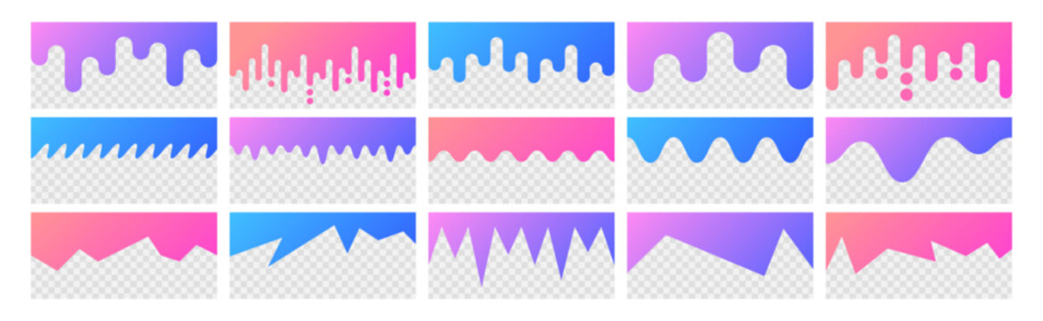 Separator header shape set, section divider for website, app, banner, web page. Modern bottom, top border, headline design elements or footers with wavy lines, drips, drops on transparent background