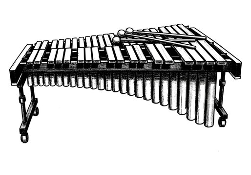 Black and white illustration of a marimba with mallets resting on top