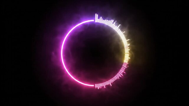 Abstract circular neon audio visualizer animated against a black backdrop with energy and sound waves