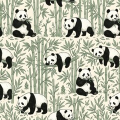 Obraz premium Pandas Interacting With Bamboo in a Playful Pattern on a Textured Background During Daylight Hours