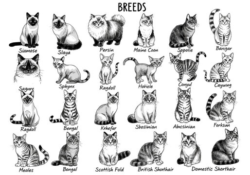 Collection of diverse cat breeds illustrated in a charming sketch style