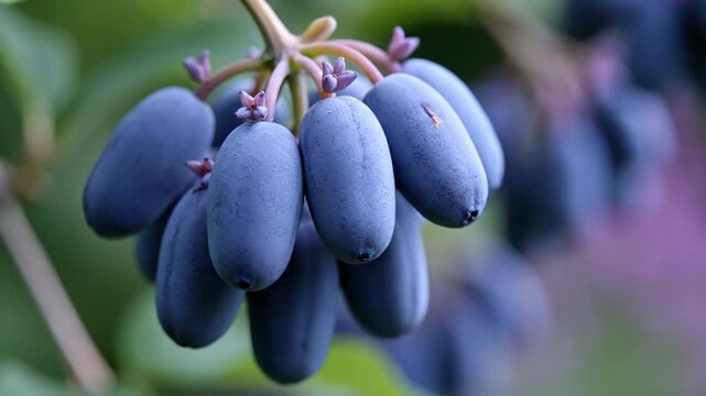 Honeysuckle blue berries on branch, ripe haskap berry cluster in garden, organic honeyberry fruit macro with soft bokeh background