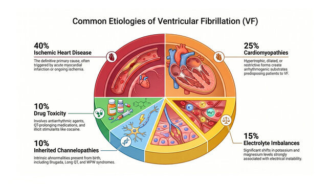 Etiologies of Ventricular Fibrillation VF - Pie Chart of Causes: Ischemic Heart Disease, Cardiomyopathies, Electrolyte Imbalances, Drug Toxicity, and Inherited Channelopathies - Medical Visualization 