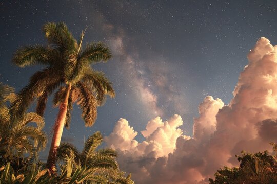 Starry Night Sky with Palm Trees and Clouds