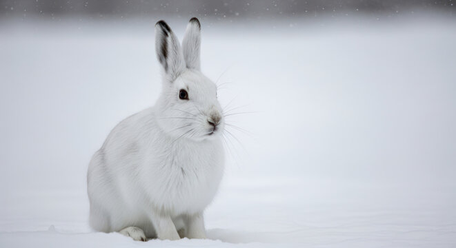 Arctic Hare Close up Sitting in Snow Looking to Side