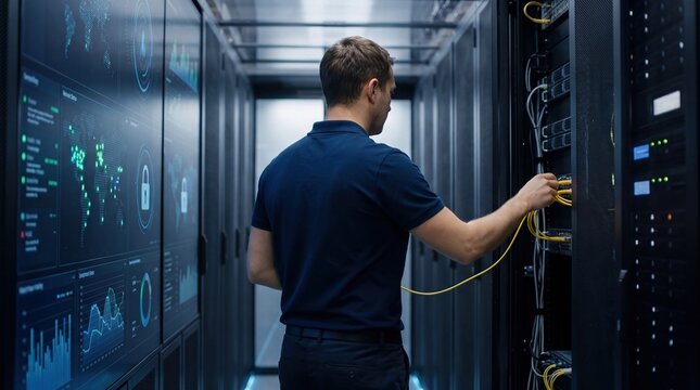 IT technician managing server rack cables in data center with digital dashboard screens, network security maintenance, cloud computing infrastructure and big data monitoring