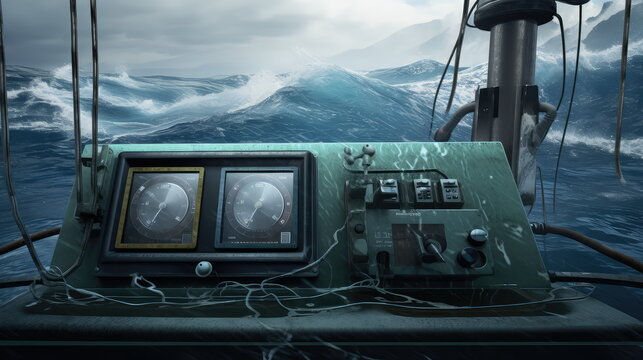 Bridge control panel view during a violent storm, navigation instruments lit as massive waves crash over deck, dramatic high seas adventure, danger and raw ocean power