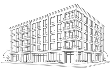 Fototapeta premium Architectural Ink Rendering of a Sophisticated High-Rise Structure. Minimalist Black and White Line Art Showcasing a Modern Metropolitan Residence with Multiple Tiers, Glazing, and Terraces.