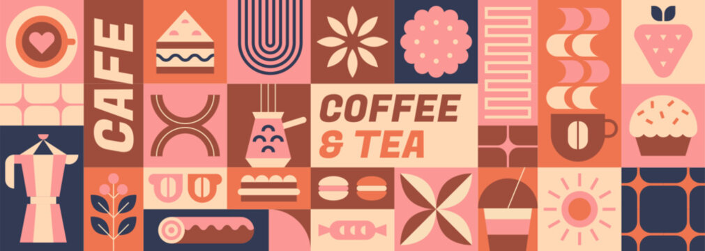 Abstract geometric coffee pattern with beans, dessert, hot beverages, cup of tea, leaves, confectionery, food and drink bauhaus elements. Vector minimalist seamless background design template for cafe