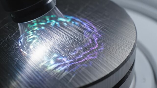 Laser Light Beam Scanning Scratched Metal Surface, Creating Dynamic Iridescent Pattern